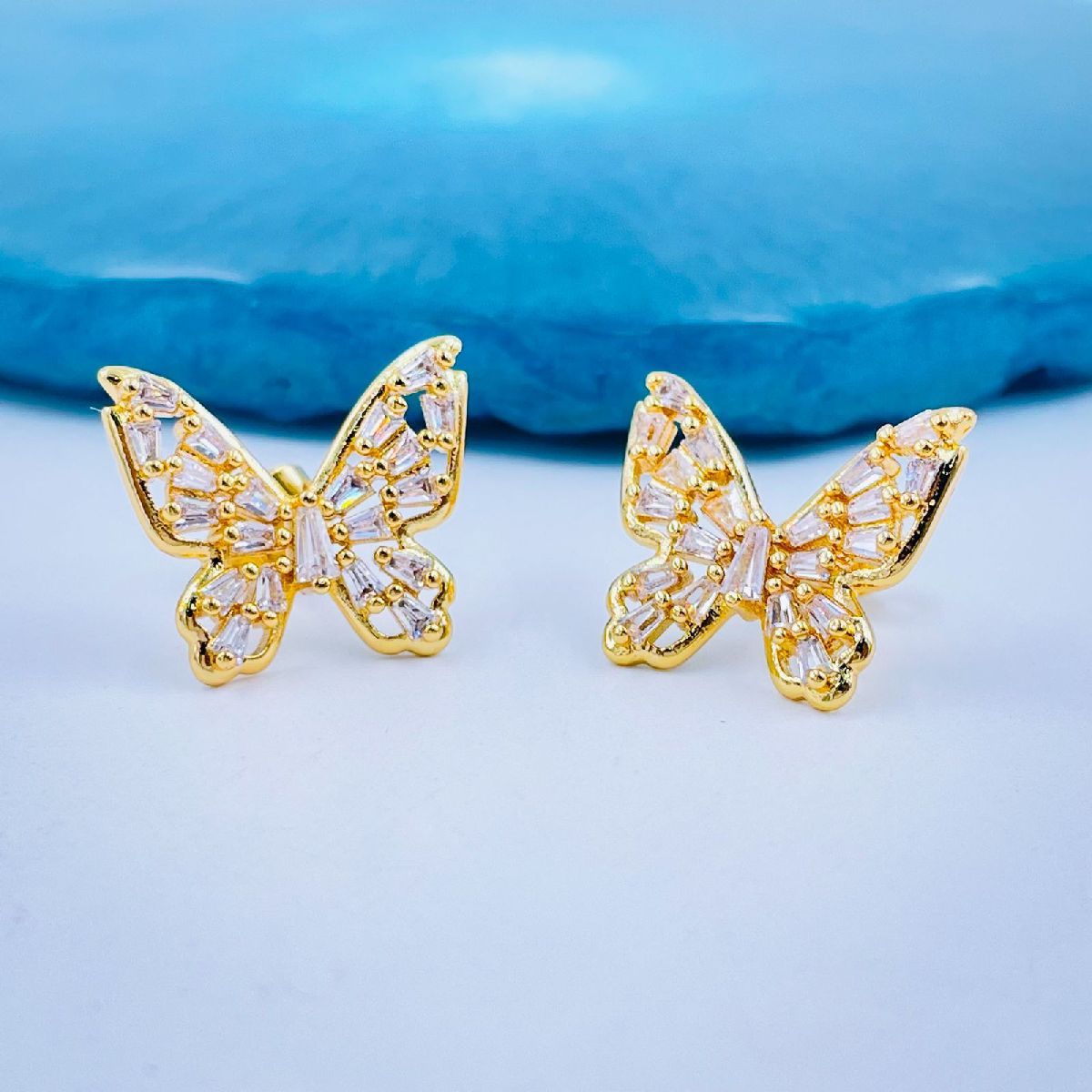Butterfly Baguette Cubic Zirconia Gold Copper Stud Earring Pair Bulk