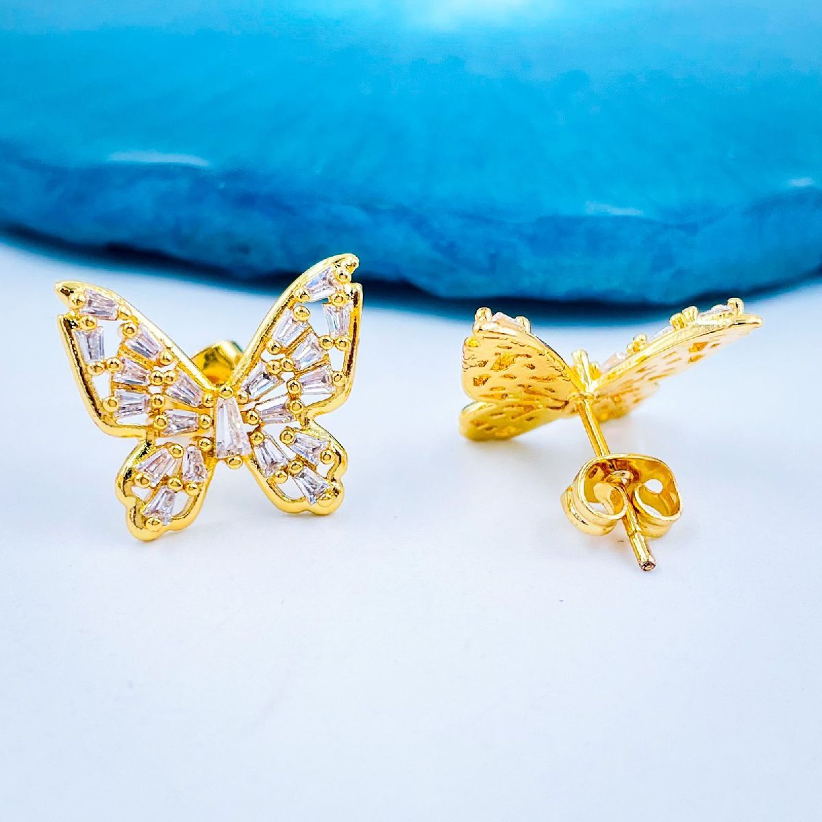 Butterfly Baguette Cubic Zirconia Gold Copper Stud Earring Pair Bulk