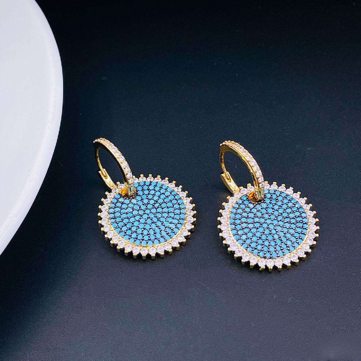 Sky Blue Gold Pave Cubic Zirconia Hoop & Drop Earring Pair Women Bulk Main image