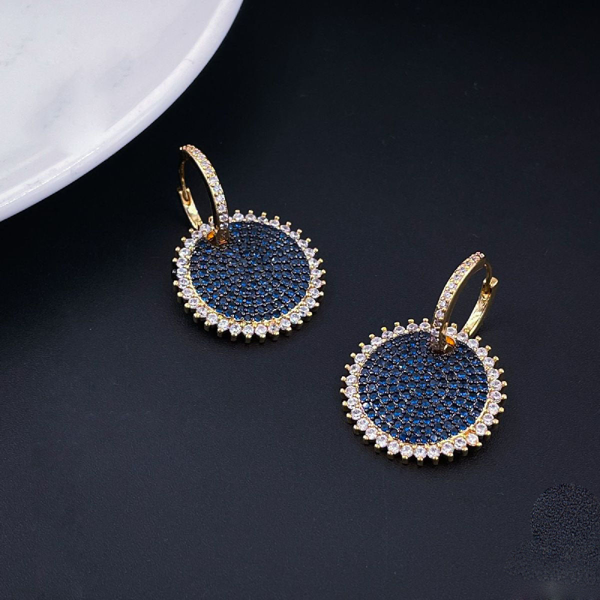 Sky Blue Gold Pave Cubic Zirconia Hoop & Drop Earring Pair Women Bulk
