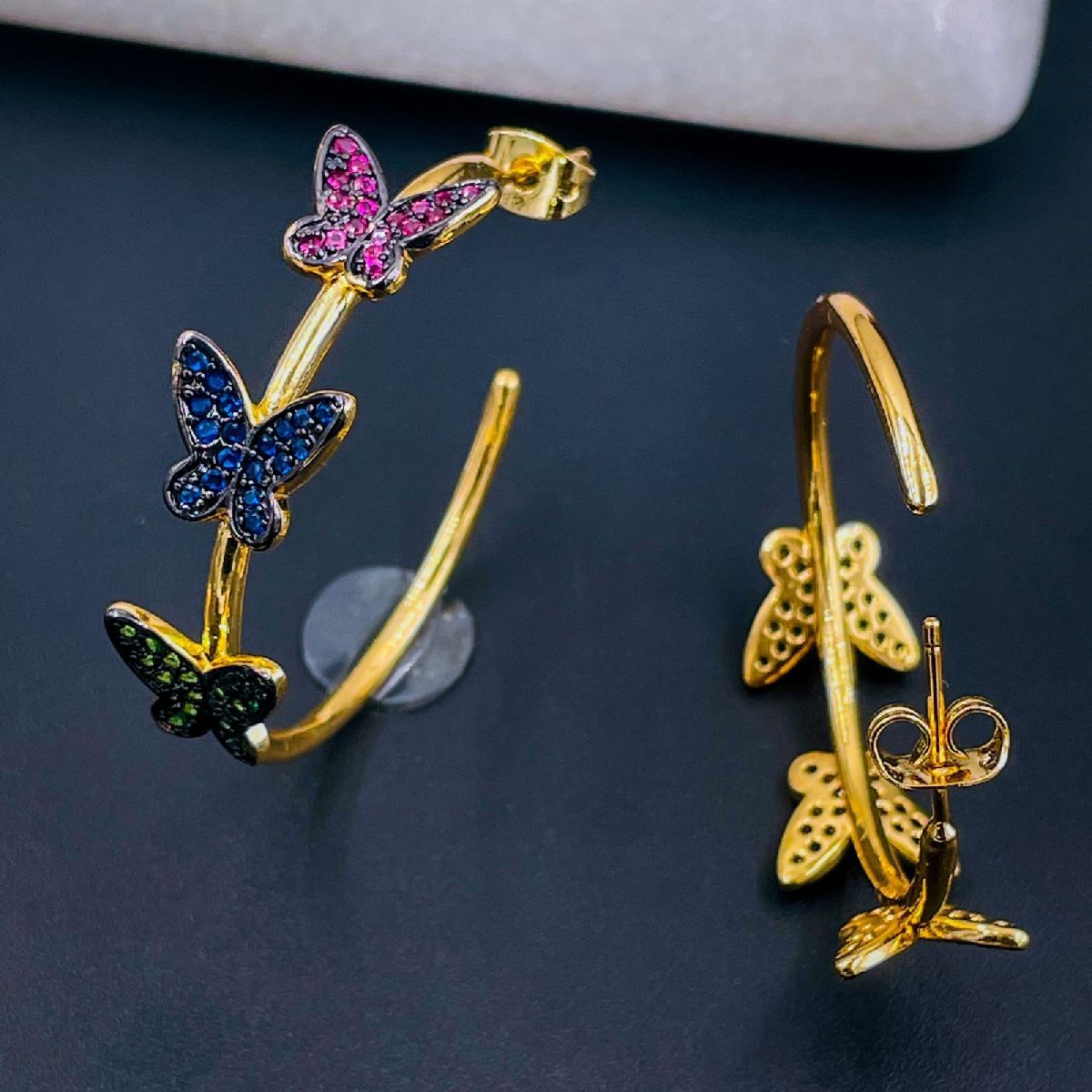 Triple Butterfly Multi Color 18K Gold Hoop Earring Pair For Women Main image
