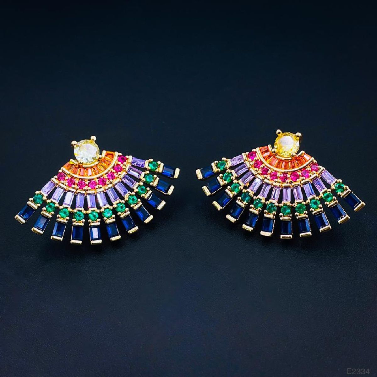 Smart Multi Color Fan Cubic Zirconia Gold Copper Earring Pair Bulk Main image