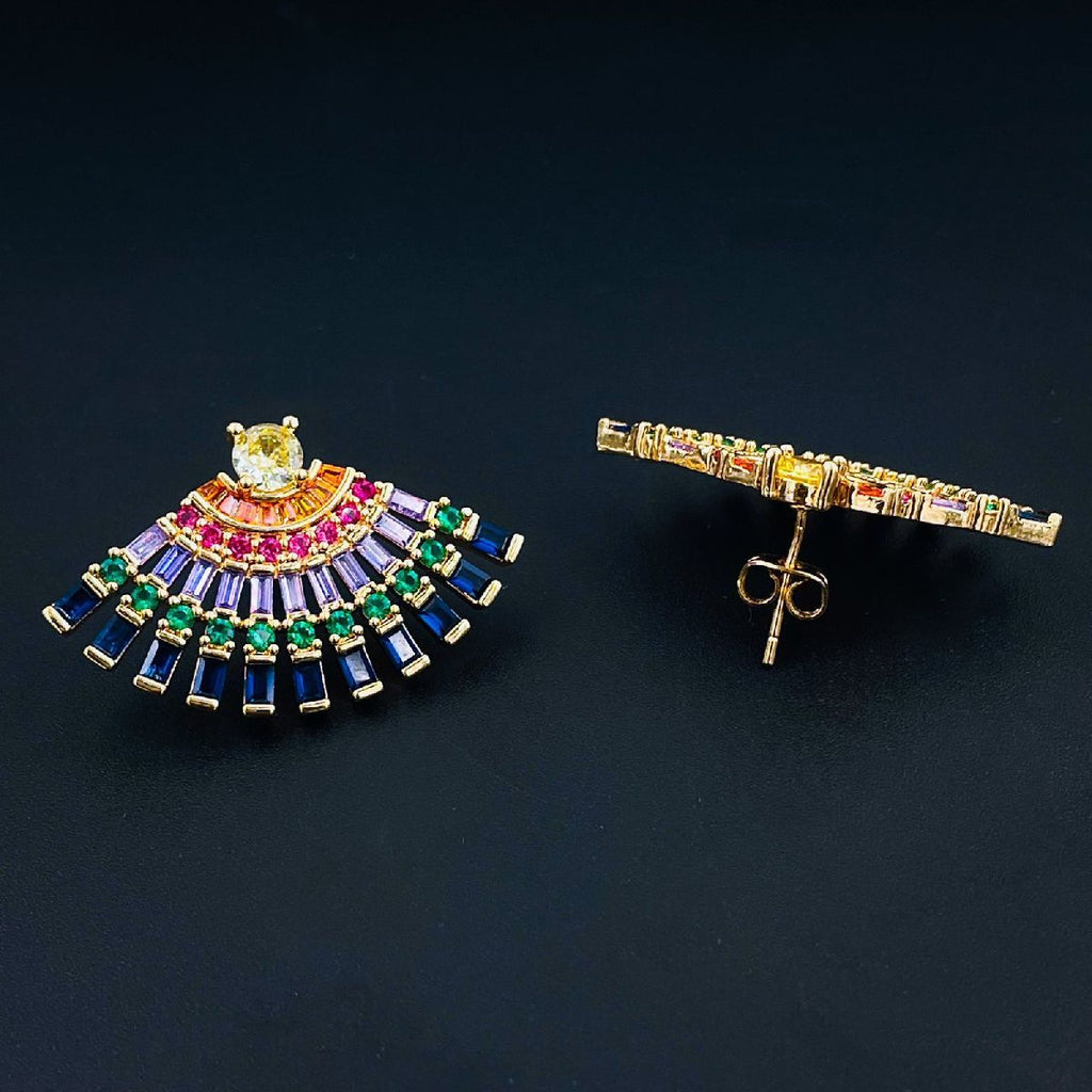 Smart Multi Color Fan Cubic Zirconia Gold Copper Earring Pair Bulk