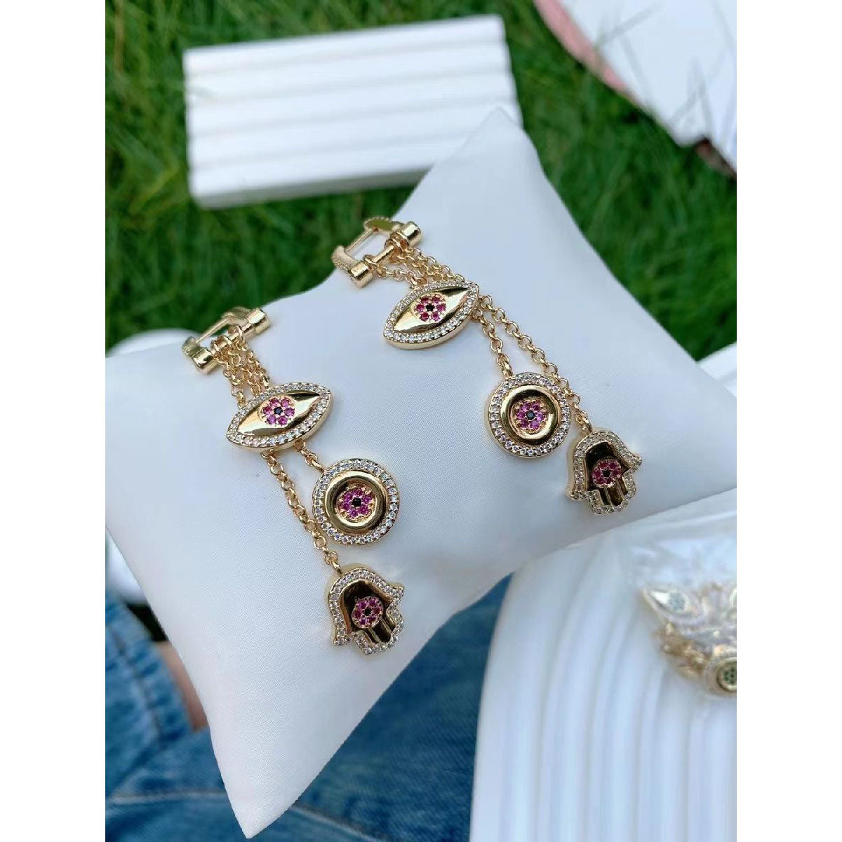 Evil Eye Hamsa Ruby Pink Gold Anti Tarnish Dangling Long Earring Bulk Main image