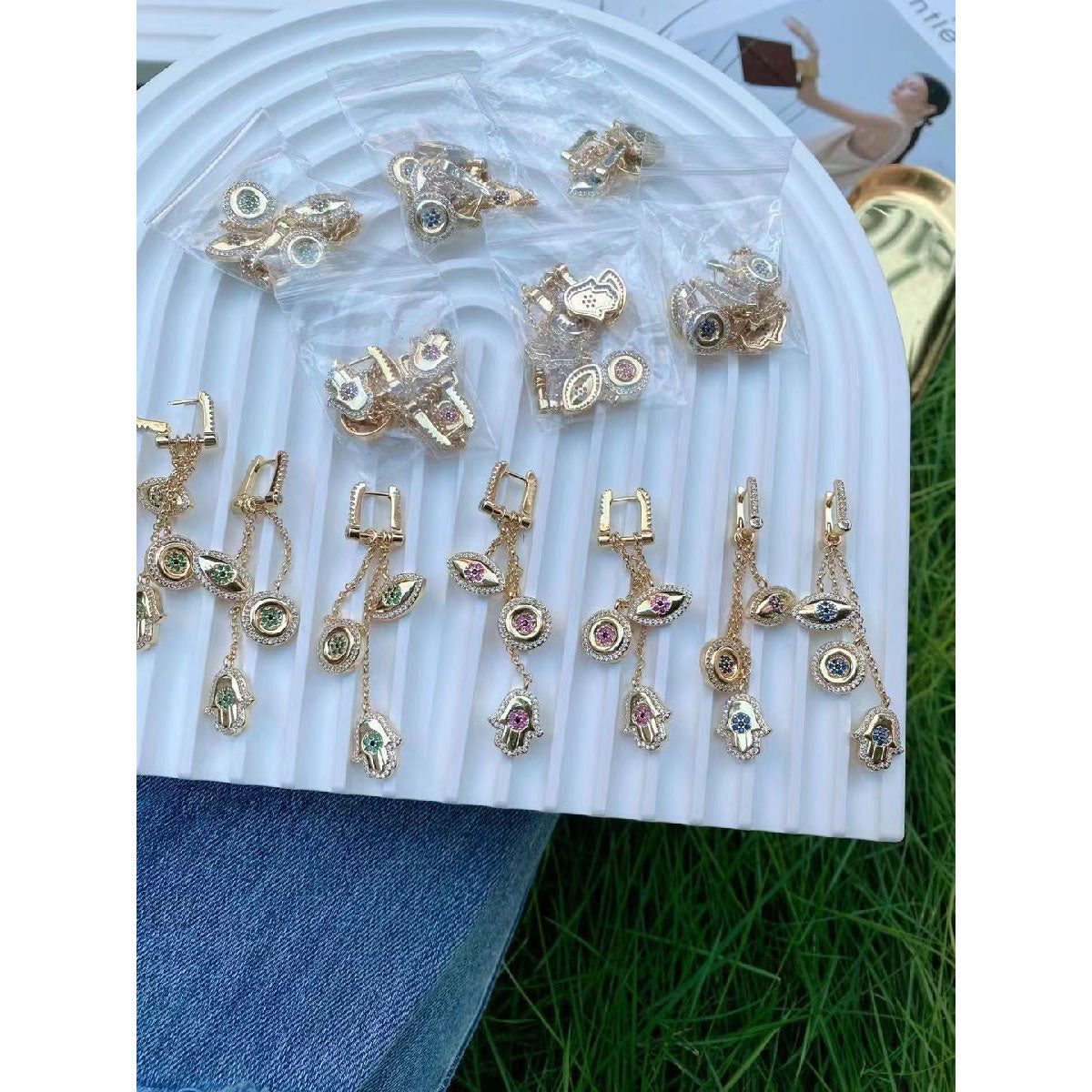 Evil Eye Hamsa Ruby Pink Gold Anti Tarnish Dangling Long Earring Bulk Secondary image