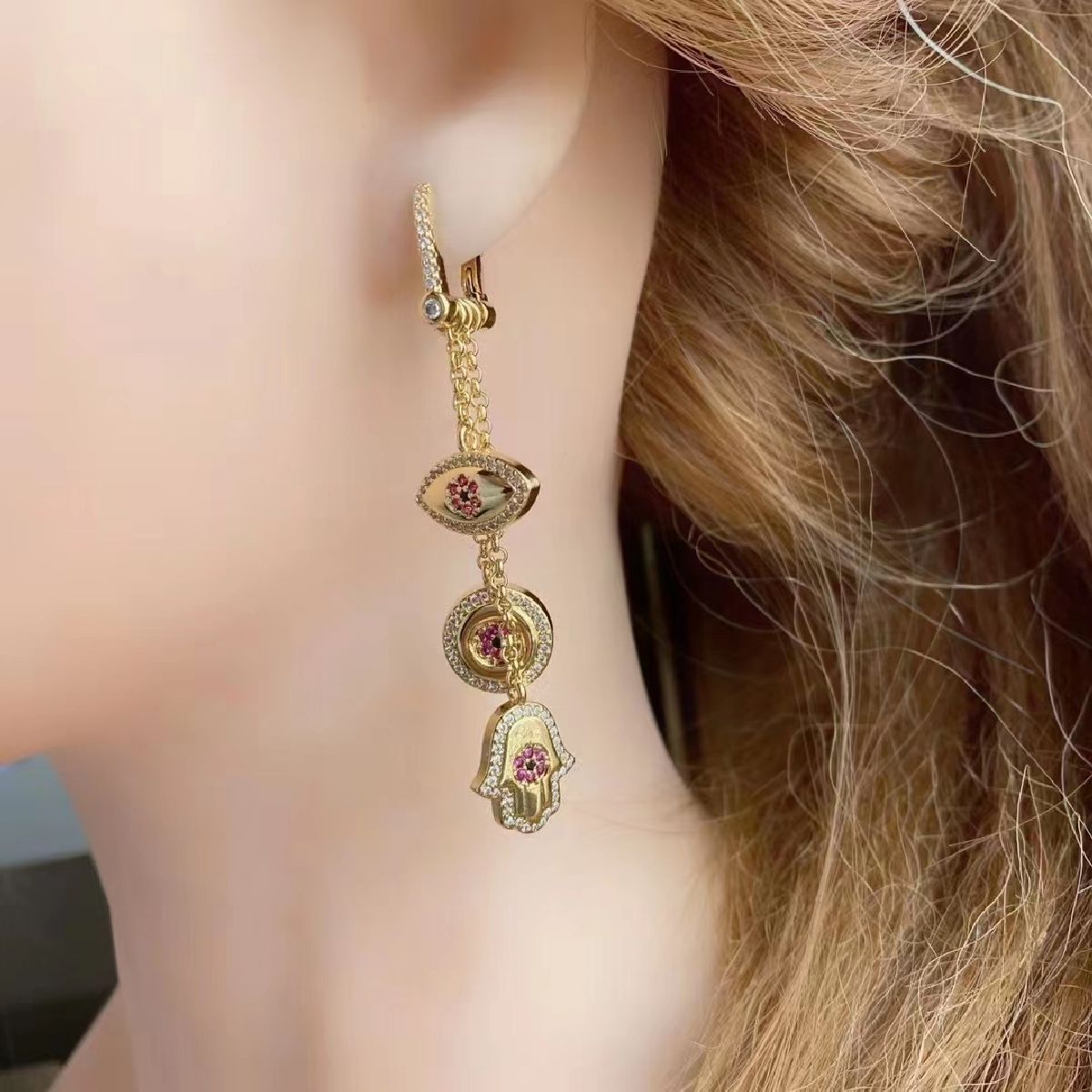 Evil Eye Hamsa Ruby Pink Gold Anti Tarnish Dangling Long Earring Bulk