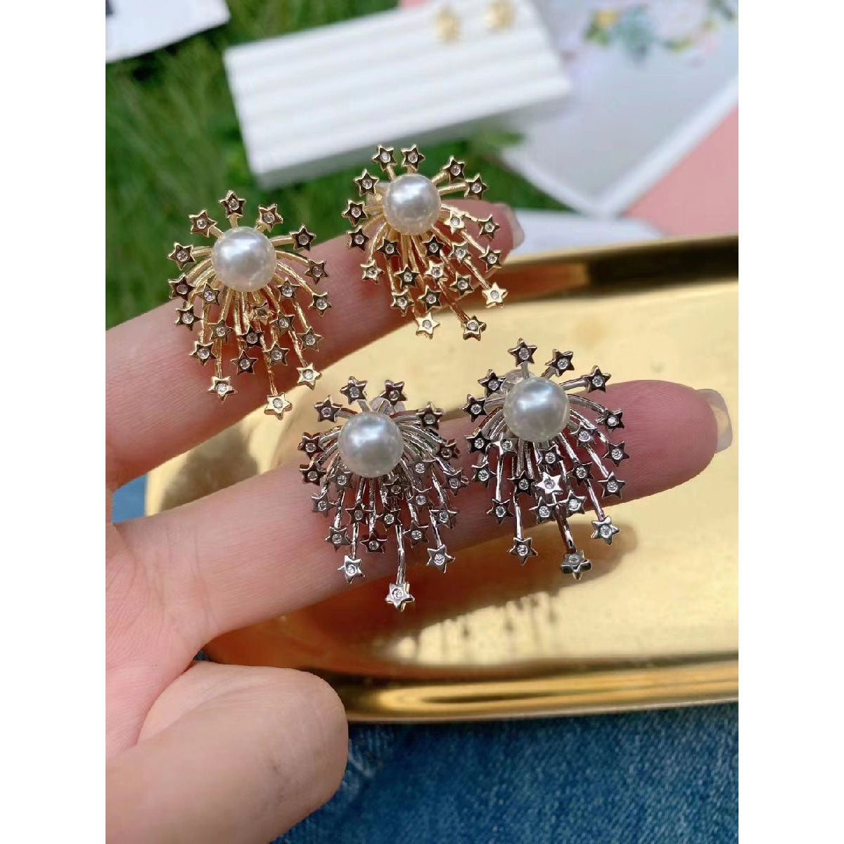 Star Burst Pearl CZ 18K Gold Anti Tarnish Copper Earring Bulk