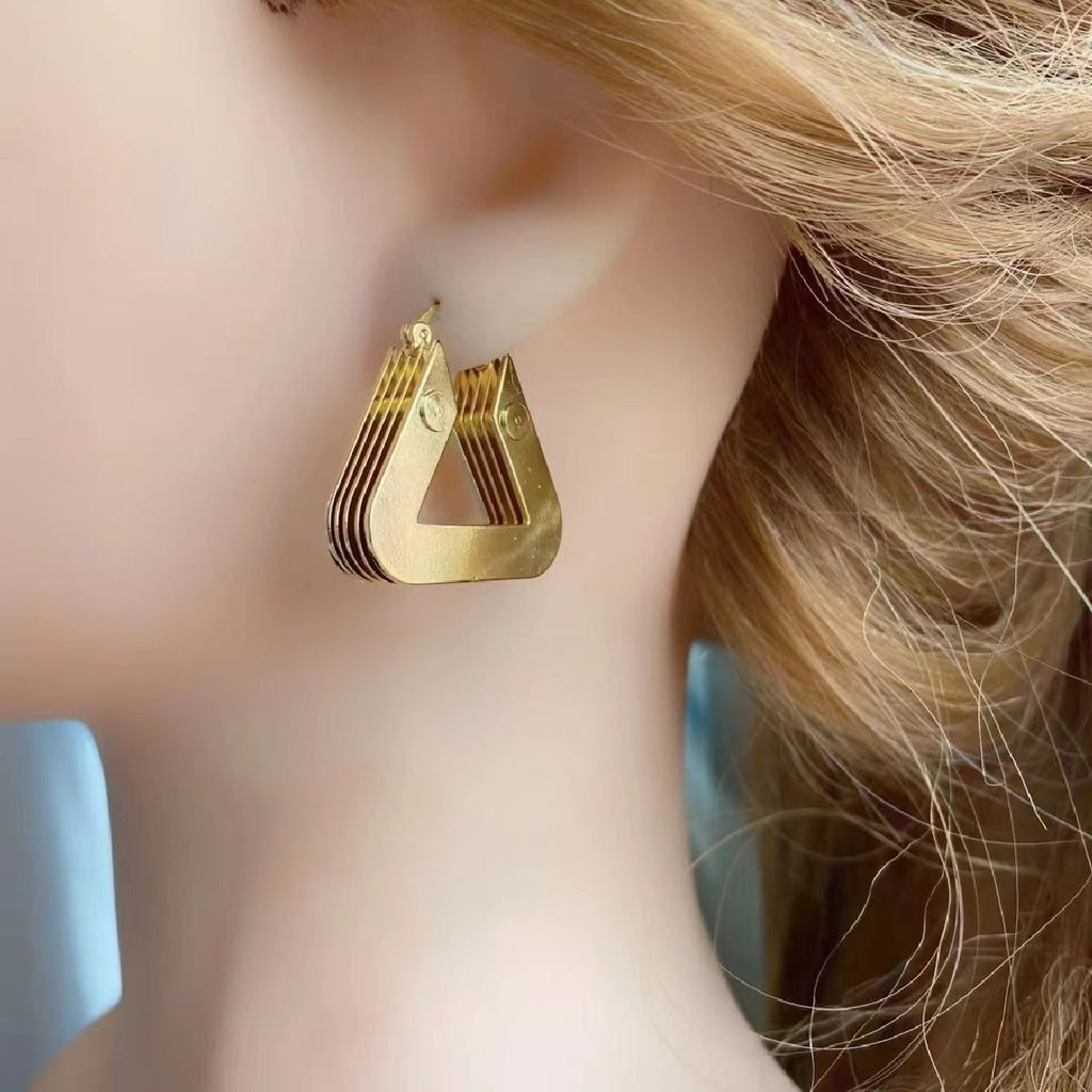 Layered 3D Triangle Chunky 18K Gold Anti Tarnish Hoop Earring Bulk
