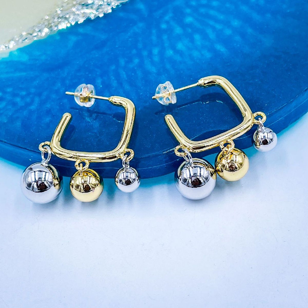 Glossy Balls Two Tone 18K Gold Anti Tarnish Hoop Bali Earrings Bulk