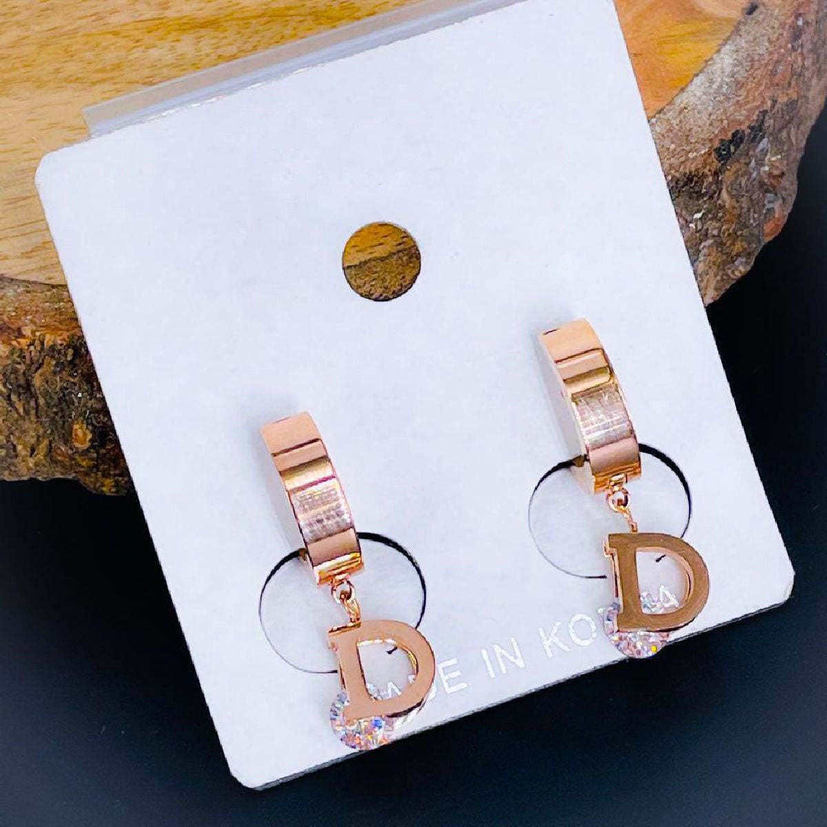 Letter D CZ Rose Gold Stainless Steel Hoop Drop Earring Bulk Main image