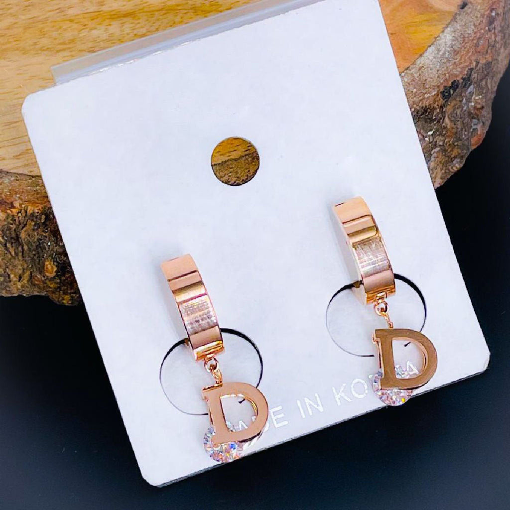 Letter D CZ Rose Gold Stainless Steel Hoop Drop Earring Bulk