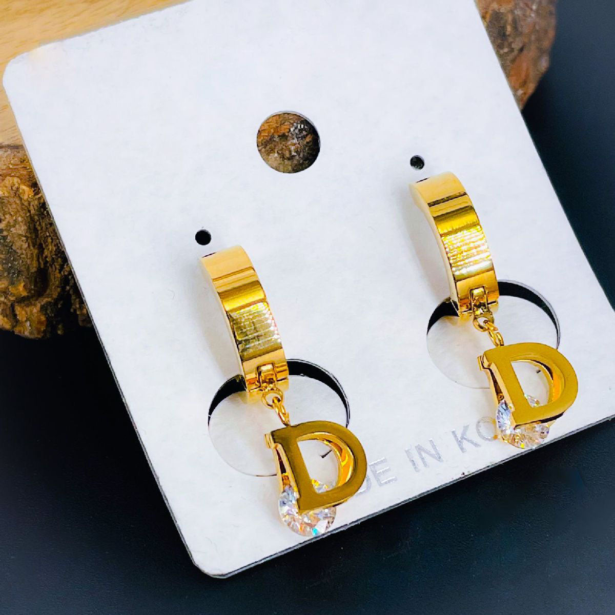Letter D CZ Rose Gold Stainless Steel Hoop Drop Earring Bulk