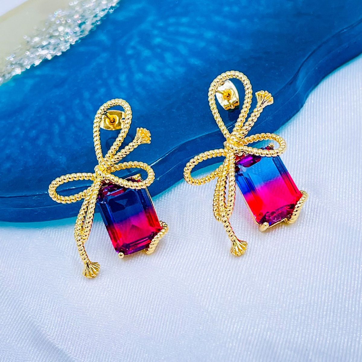 Rope Ribbon Blue Pink Crystal 18K Gold Dangle Drop Earring Women Bulk