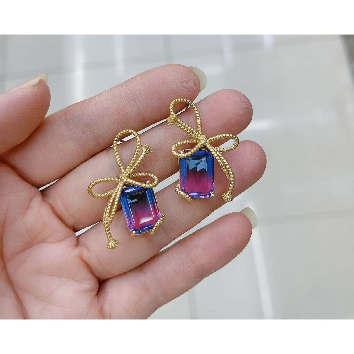Rope Ribbon Blue Pink Crystal 18K Gold Dangle Drop Earring Women Bulk