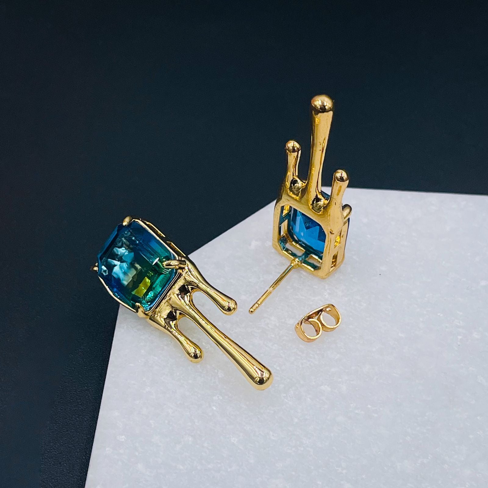 Blue Green Crystal 18K Frosted Gold Stud Earring Pair For Women Bulk