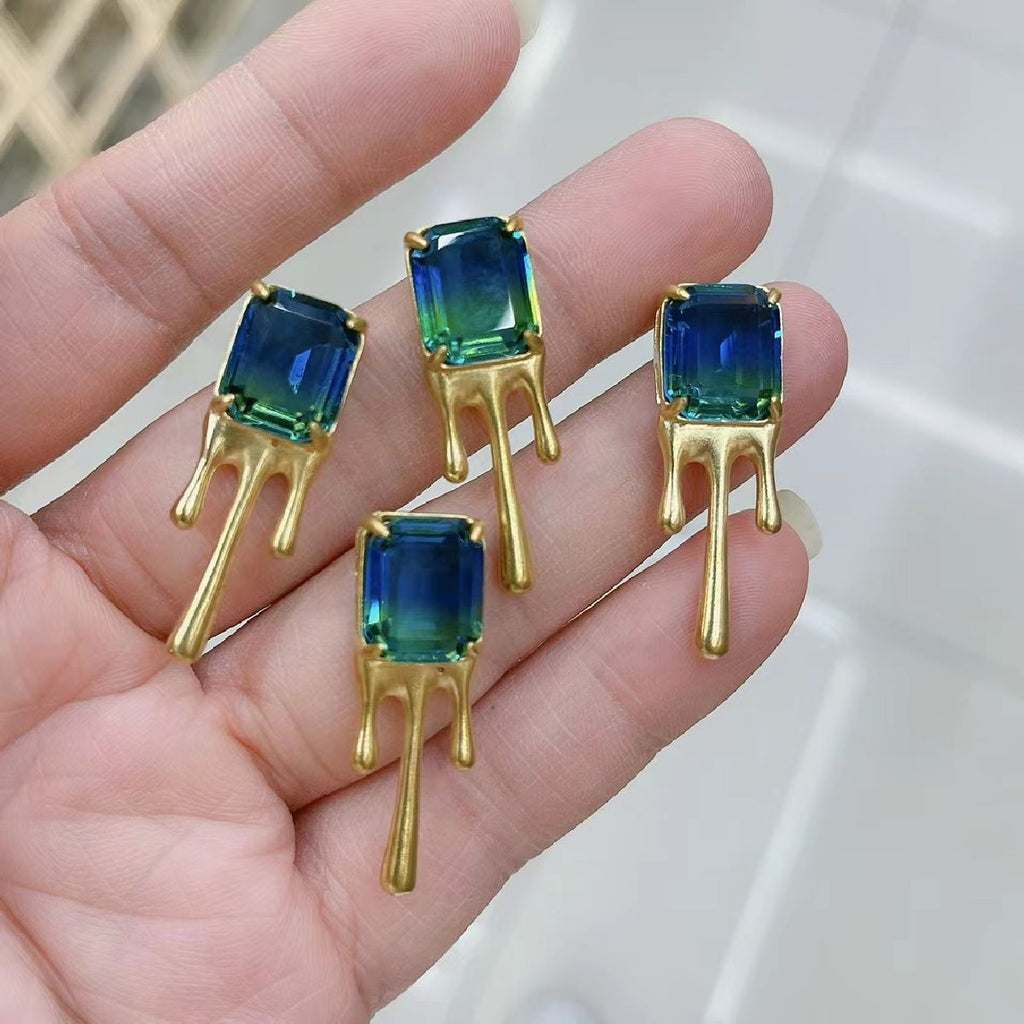 Blue Green Crystal 18K Frosted Gold Stud Earring Pair For Women Bulk