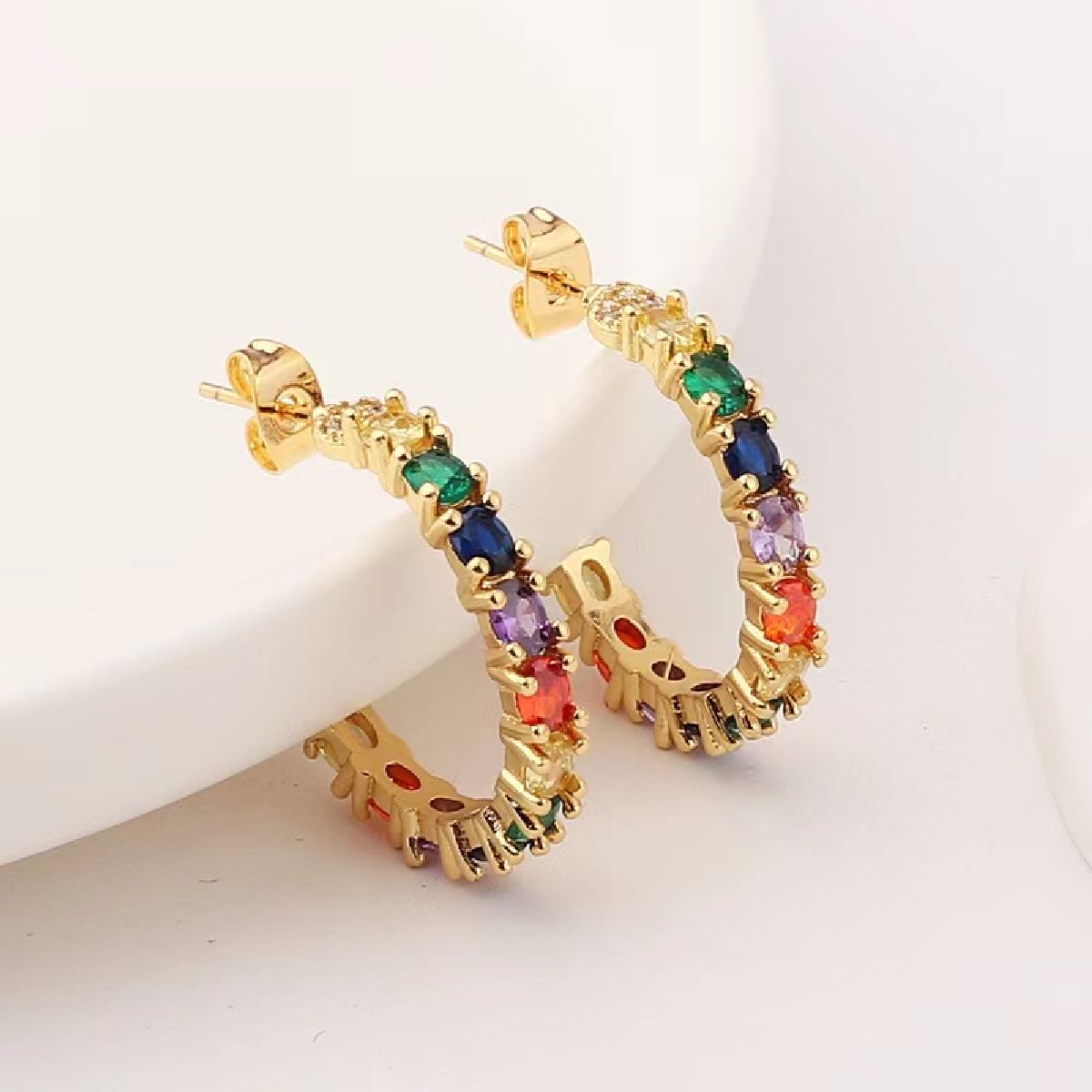 Rainbow Multi Color 24Mm Cubic Zirconia 18K Gold Hoop Earring Bulk Main image