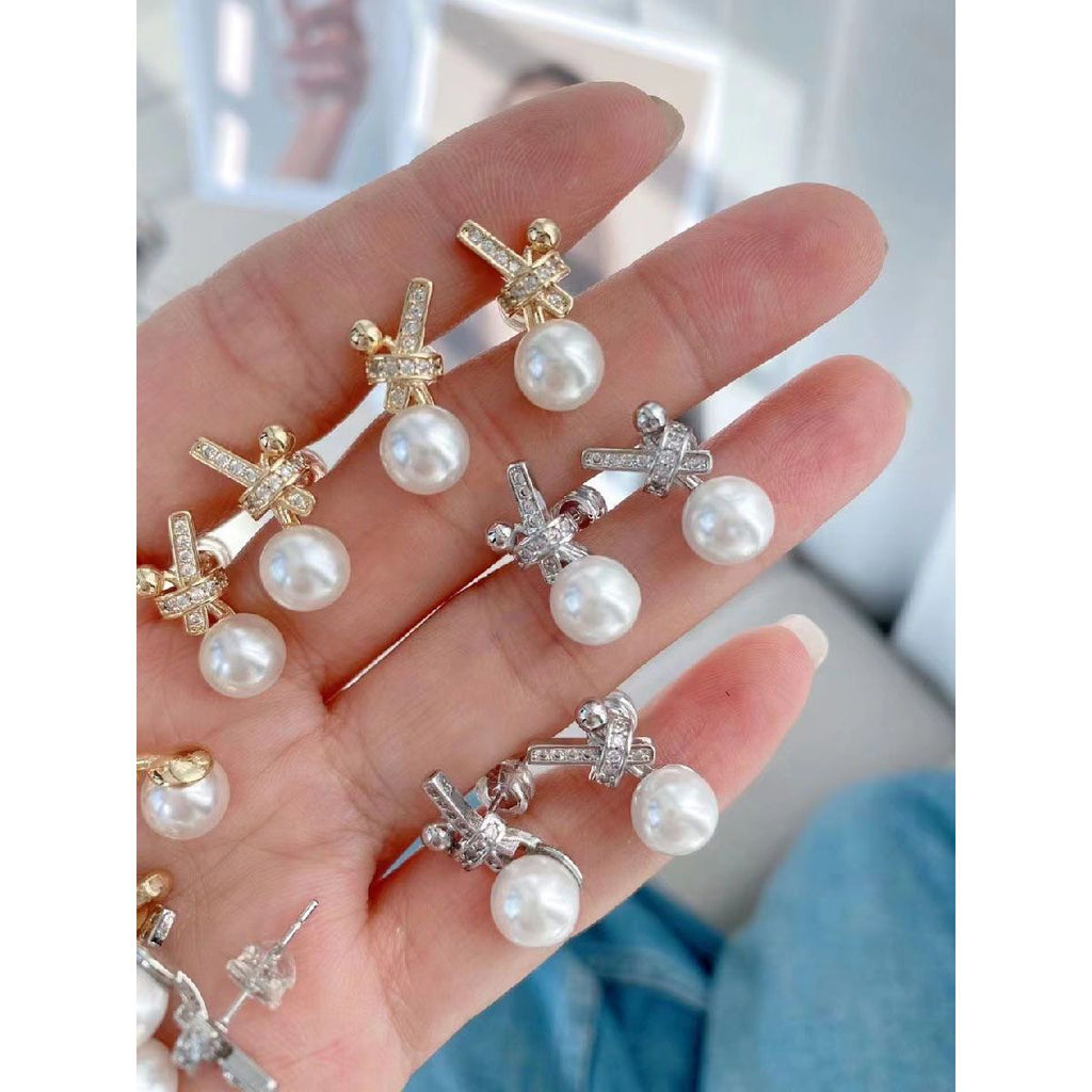Ribbon Silver Pearl Cubic Zirconia Stud Earring For Women Bulk