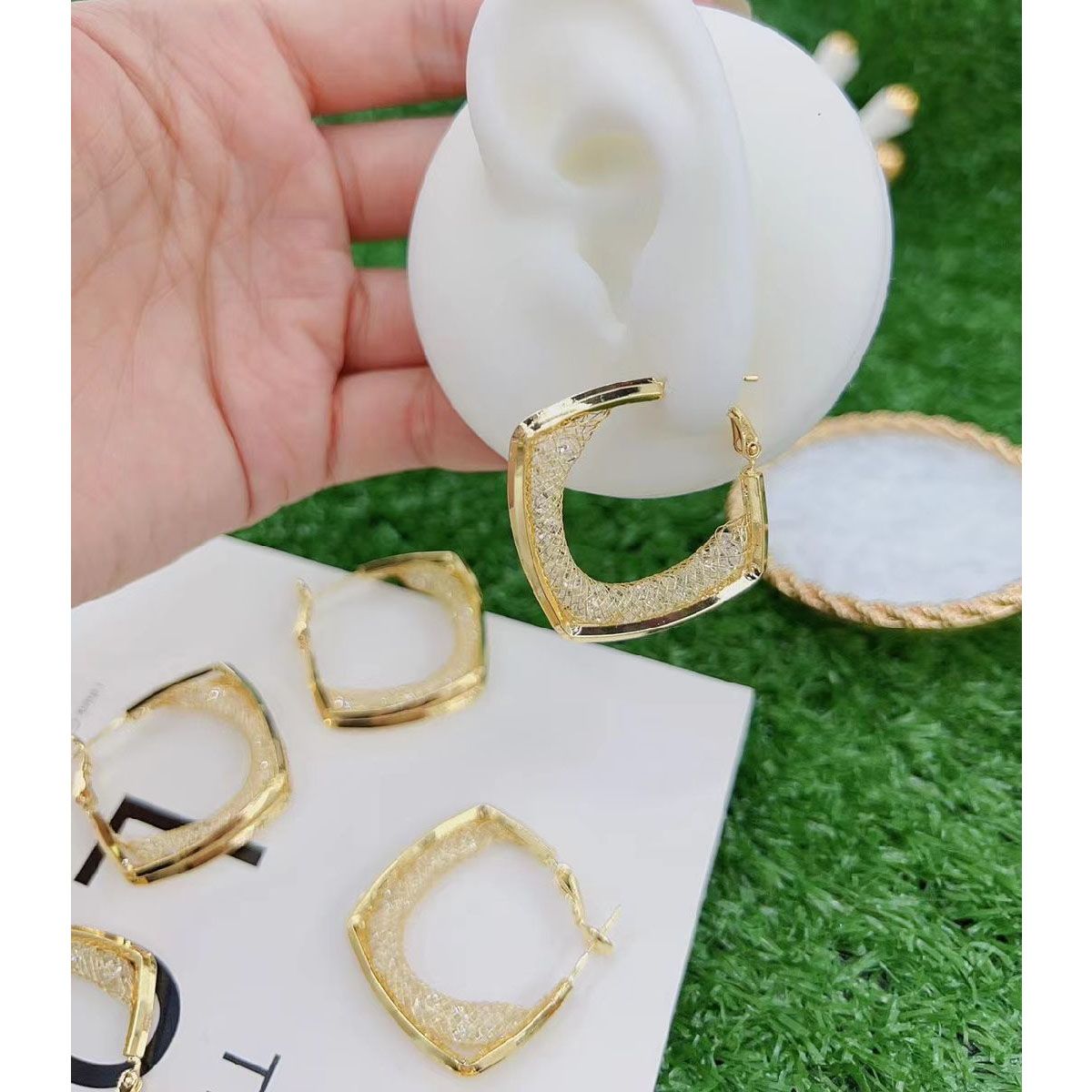 Crystal Mesh Smart Square Circle 18K Gold Hoop Earring For Women Bulk