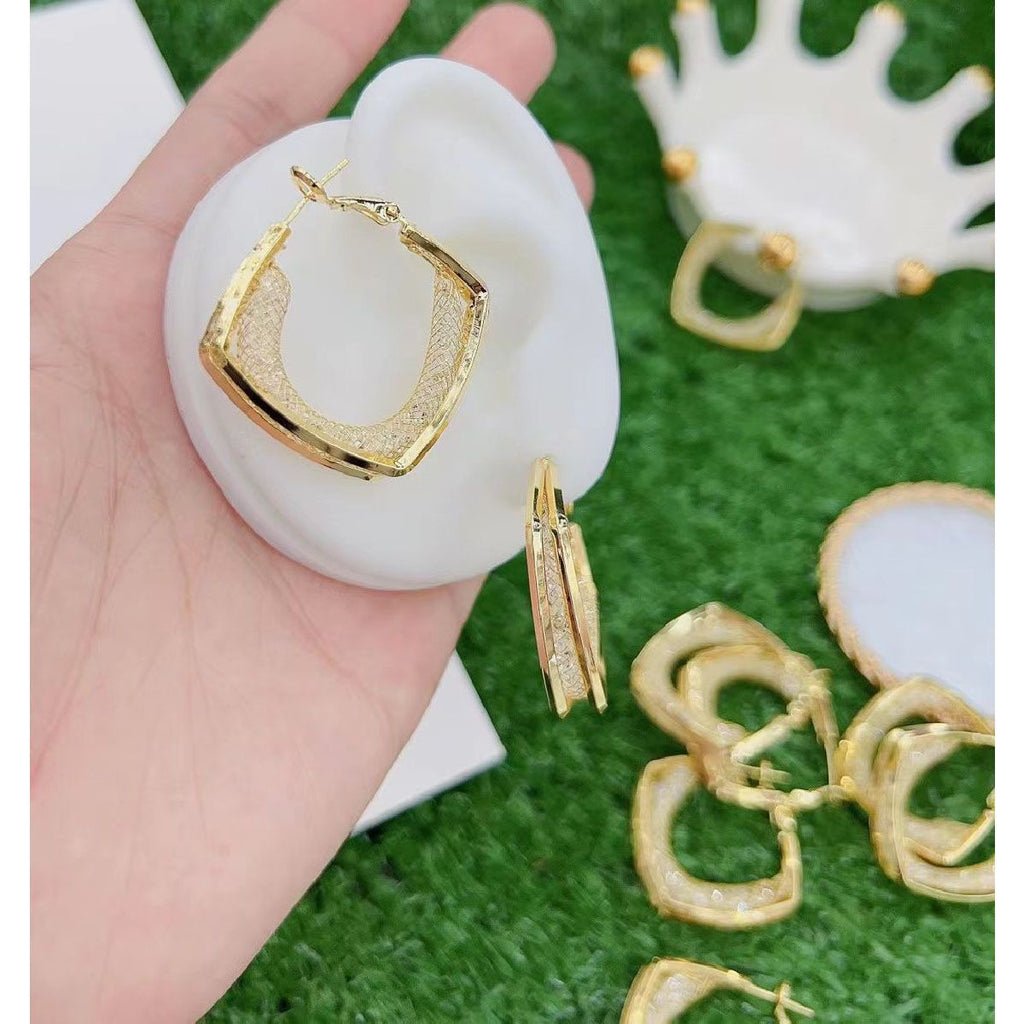 Crystal Mesh Smart Square Circle 18K Gold Hoop Earring For Women Bulk