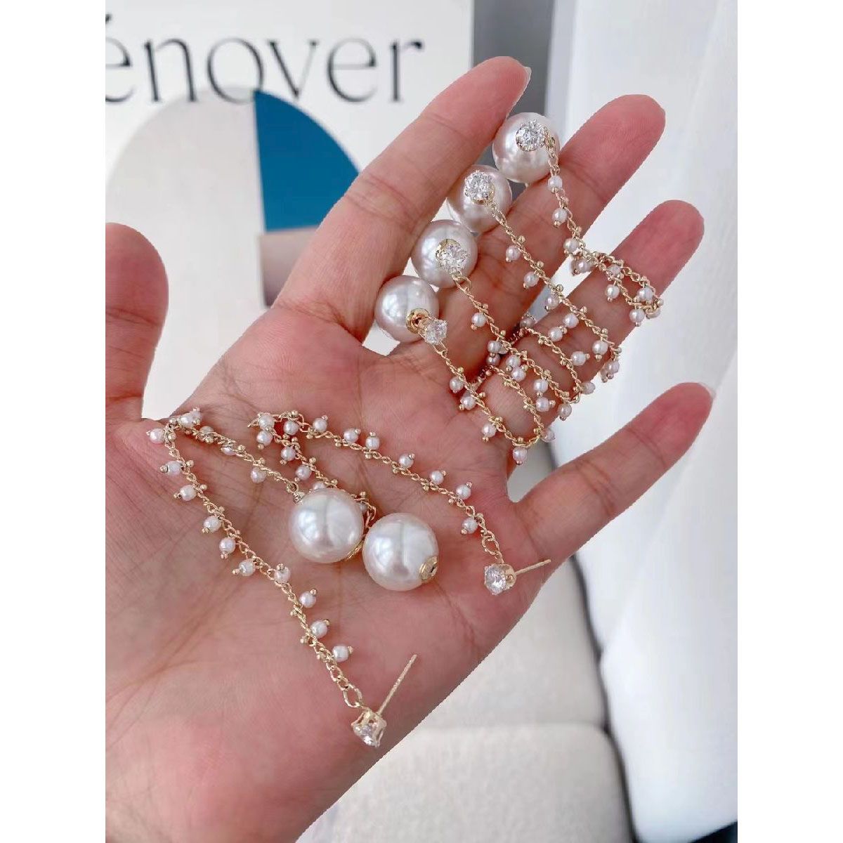 Pearl Cubic Zirconia Dual Side 18K Gold Dangling Long Earring Bulk Main image