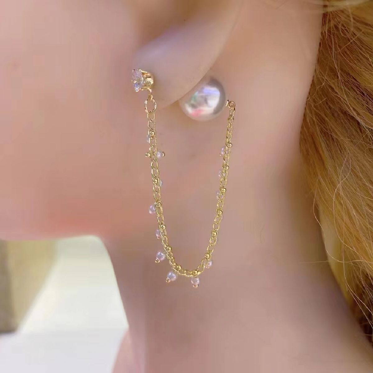 Pearl Cubic Zirconia Dual Side 18K Gold Dangling Long Earring Bulk Secondary image
