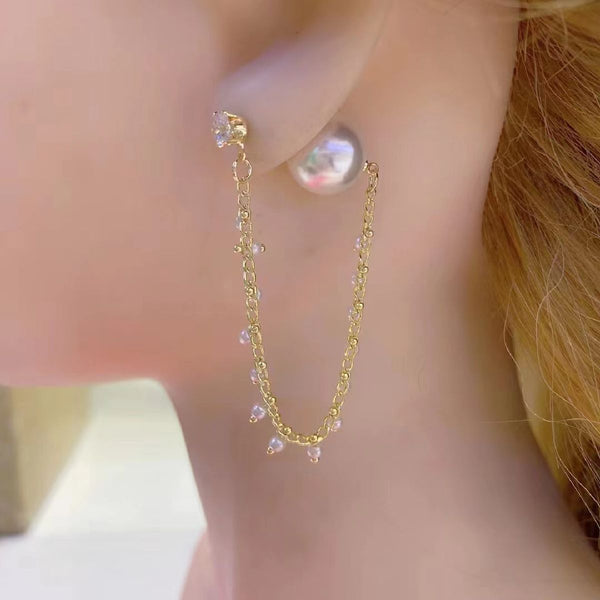 Pearl Cubic Zirconia Dual Side 18K Gold Dangling Long Earring Bulk Secondary image