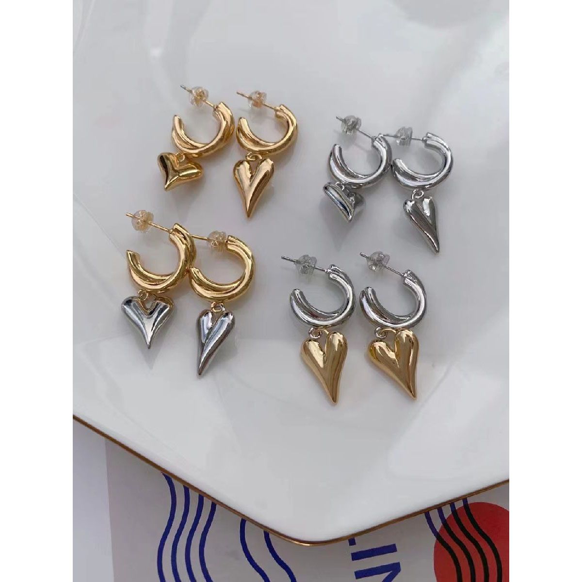 Love Heart Glossy Silver 18k Gold Dangling Hoop Earring for Women