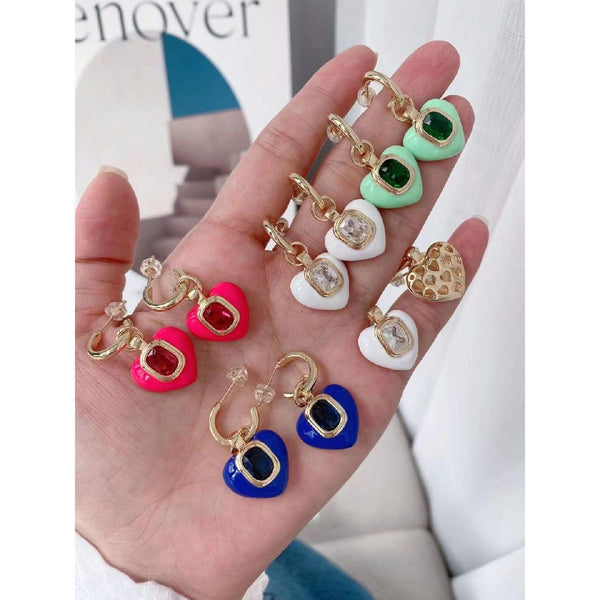 Hot Pink Enamel CZ Love Heart 18K Gold Hoop Drop Earring Bulk Main image