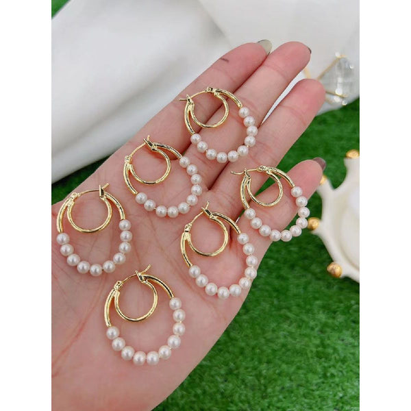 Dual Loup Pearl 18K Gold Anti Tarnish Hoop Earring For Women Bulk Main image