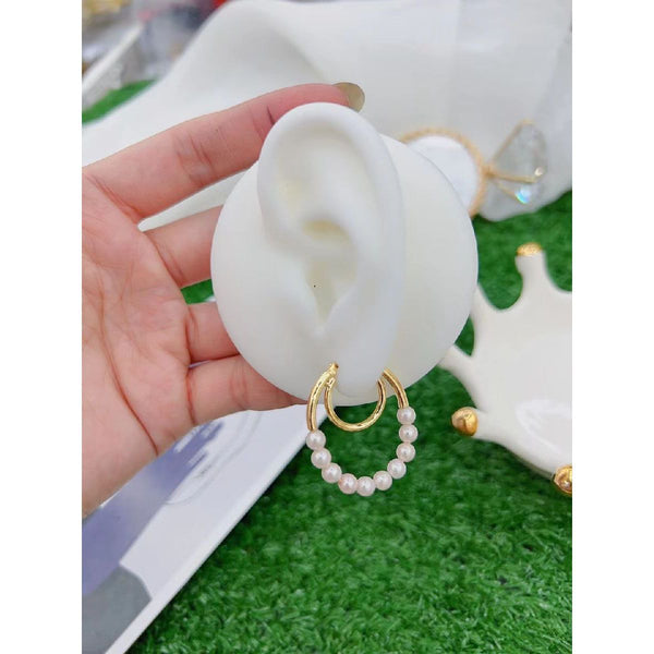 Dual Loup Pearl 18K Gold Anti Tarnish Hoop Earring For Women Bulk Secondary image