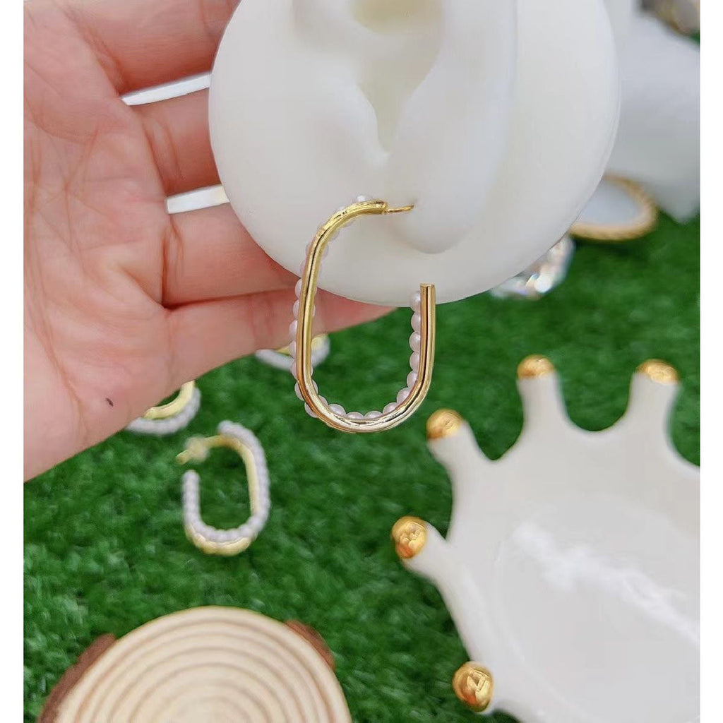 Dual Layer Pearl 18K Gold Geometric Hoop Earring For Women Bulk