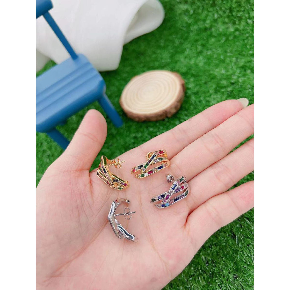 Copper Rainbow Multi Color Cubic Zirconia Stud Earring Pair Women Bulk Secondary image