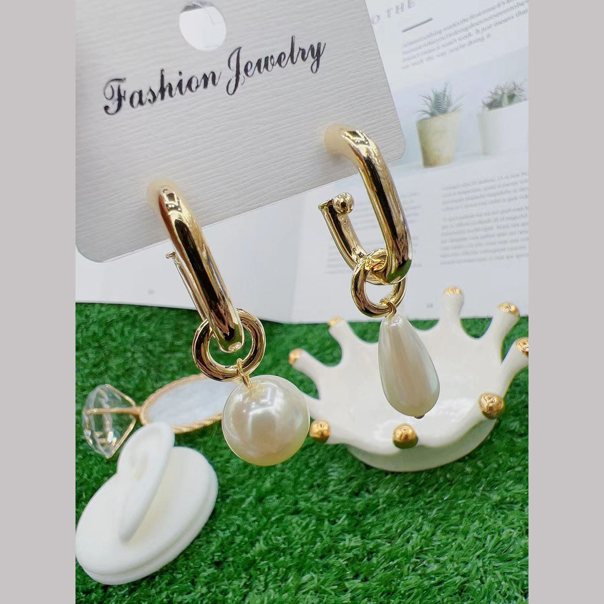 Pearl Drop Smart 18K Gold Square Hoop Bali Earring For Women Bulk