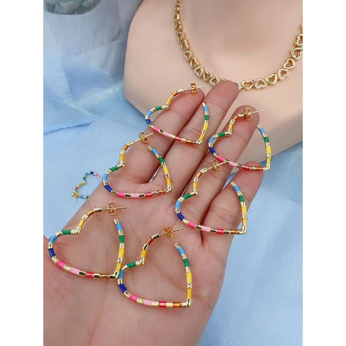 Multi Color Enamel Heart Love 18K Gold Hoop Bali Earring Women Bulk