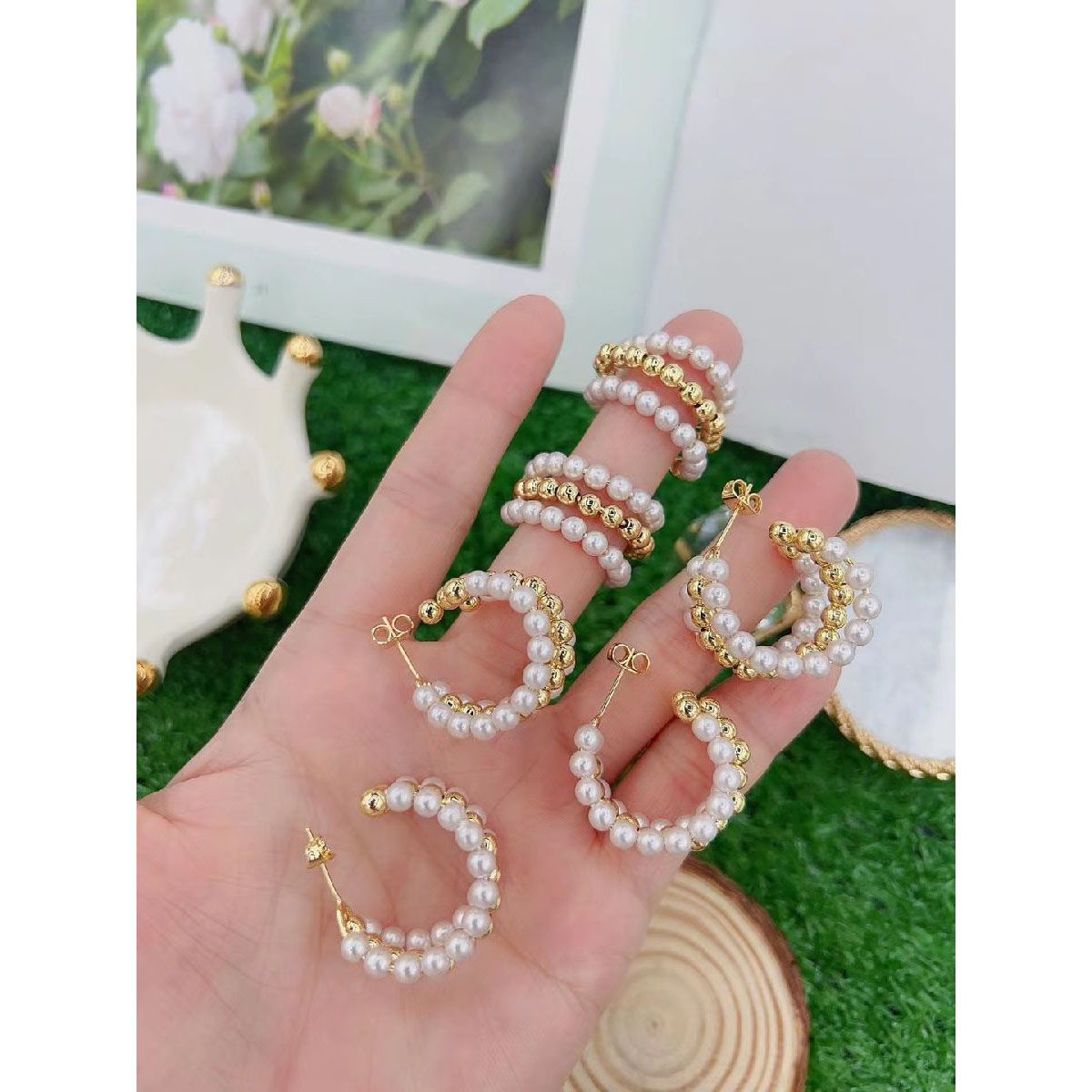 Triple Layer Pearl Glossy 18K Gold Beads Hoop Bali Earring Women Bulk Main image