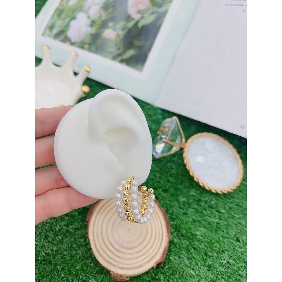 Triple Layer Pearl Glossy 18K Gold Beads Hoop Bali Earring Women Bulk Secondary image