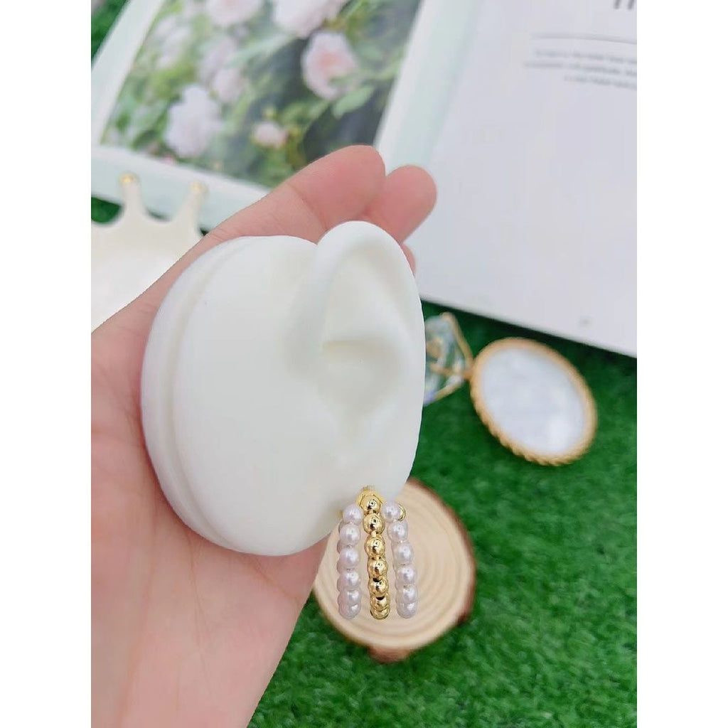 Triple Layer Pearl Glossy 18K Gold Beads Hoop Bali Earring Women Bulk