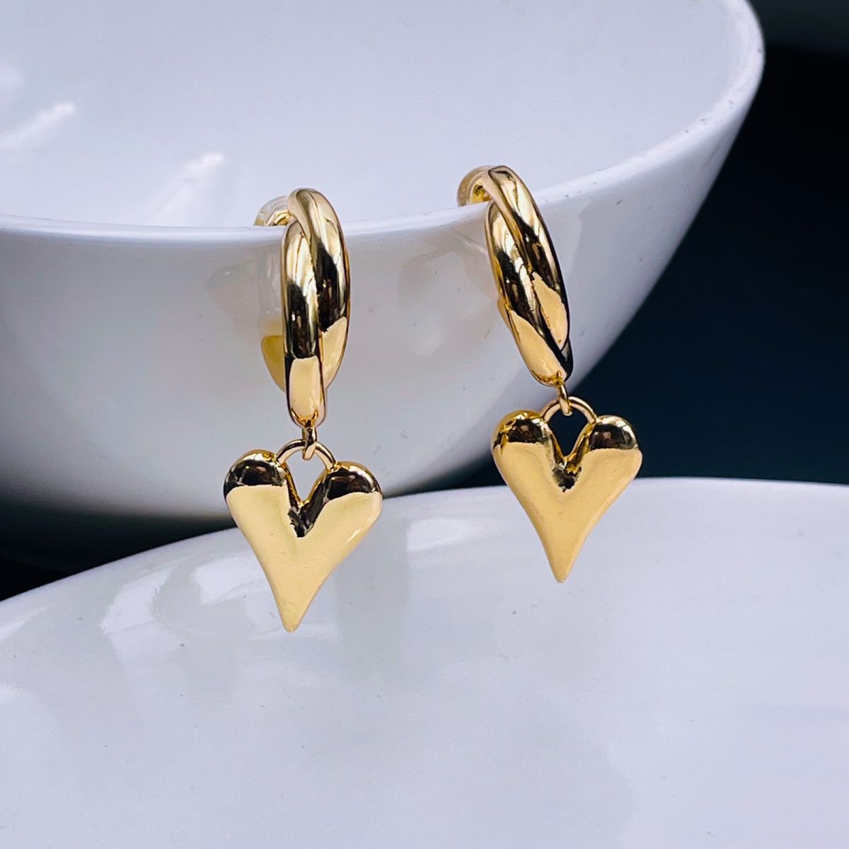 Love Heart Glossy Silver 18k Gold Dangling Hoop Earring for Women Main image