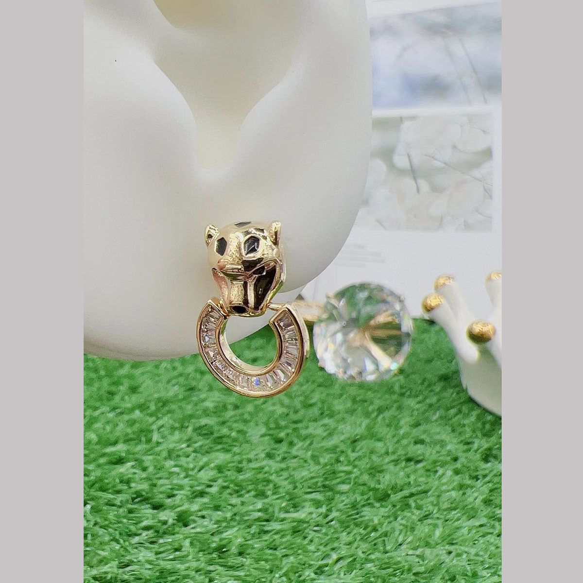 Panther Cubic Zirconia Baguette 18K Gold Stud Drop Earring Women Bulk Main image
