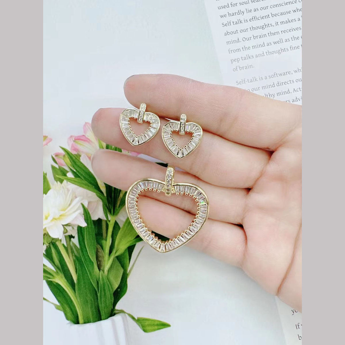 Love Heart Baguette Cubic Zirconia 18K Gold Stud Earring Women Bulk Main image