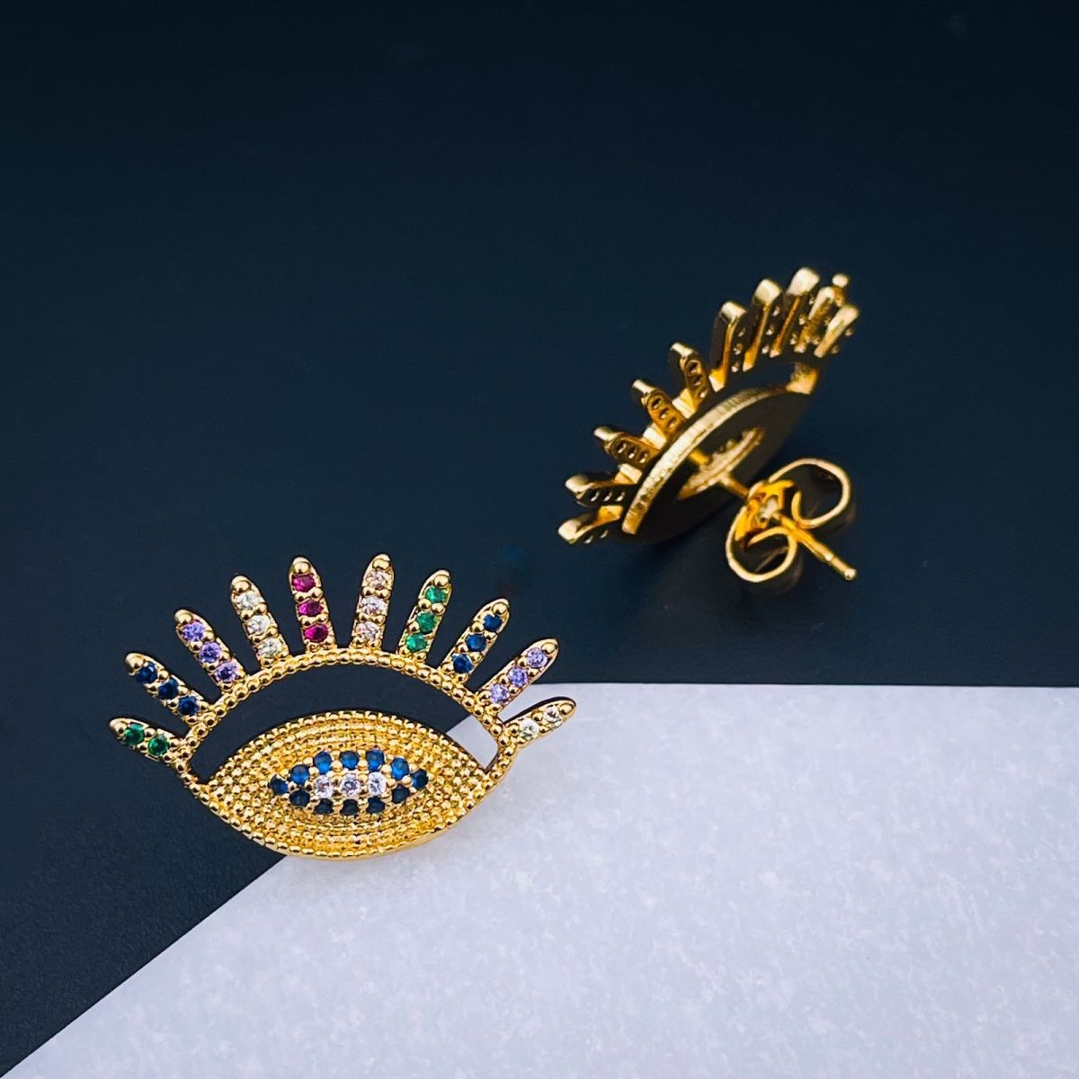 Eyelash Evil Eye Colorful Etched 18K Gold Stud Earring For Women Bulk