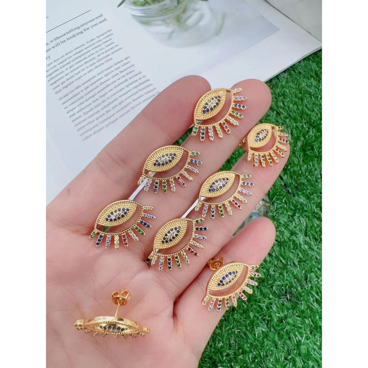 Eyelash Evil Eye Colorful Etched 18K Gold Stud Earring For Women Bulk Secondary image