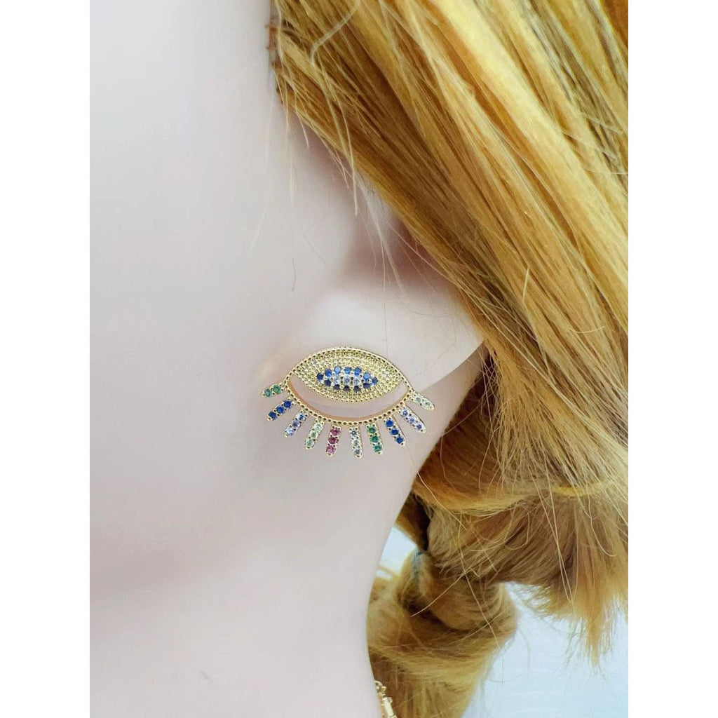Eyelash Evil Eye Colorful Etched 18K Gold Stud Earring For Women Bulk