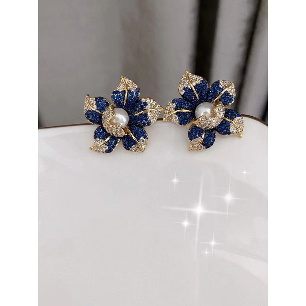 Flower Blue Cubic Zirconia Pearl 18K Gold Stud Earring For Women Bulk