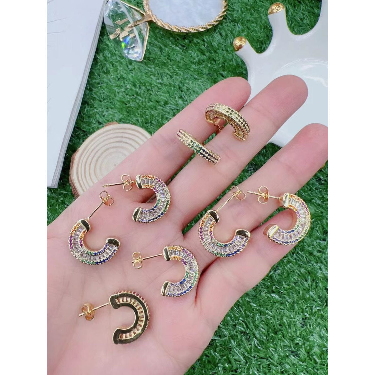 Semi-Circle Rainbow Multi Color Baguette CZ 18K Gold Stud Earring Bulk Main image