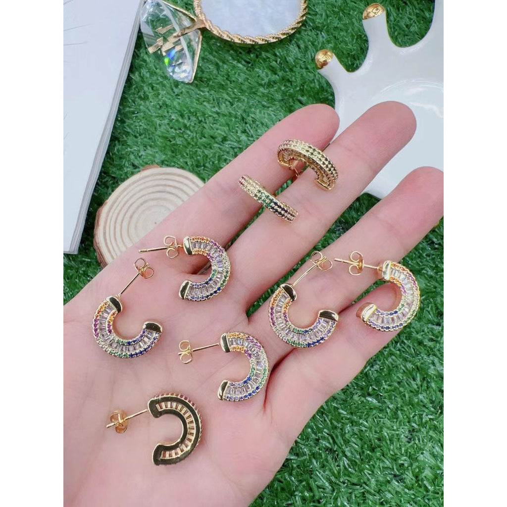 Semi-Circle Rainbow Multi Color Baguette CZ 18K Gold Stud Earring Bulk
