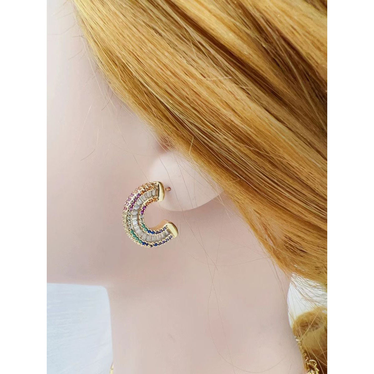 Semi-Circle Rainbow Multi Color Baguette CZ 18K Gold Stud Earring Bulk