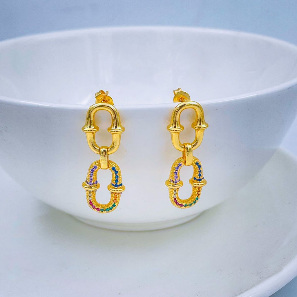 Rainbow Multi Color Dual Links Geometric Gold Dangling Earring Bulk