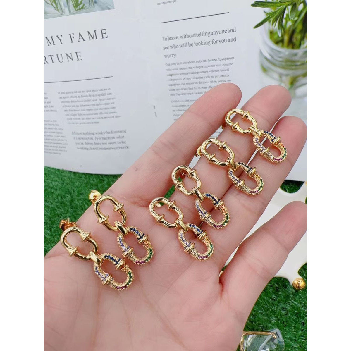 Rainbow Multi Color Dual Links Geometric Gold Dangling Earring Bulk